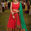 Stunning Red Crepe Satin Printed Designer Lehenga Choli with Contrast Green Dupatta