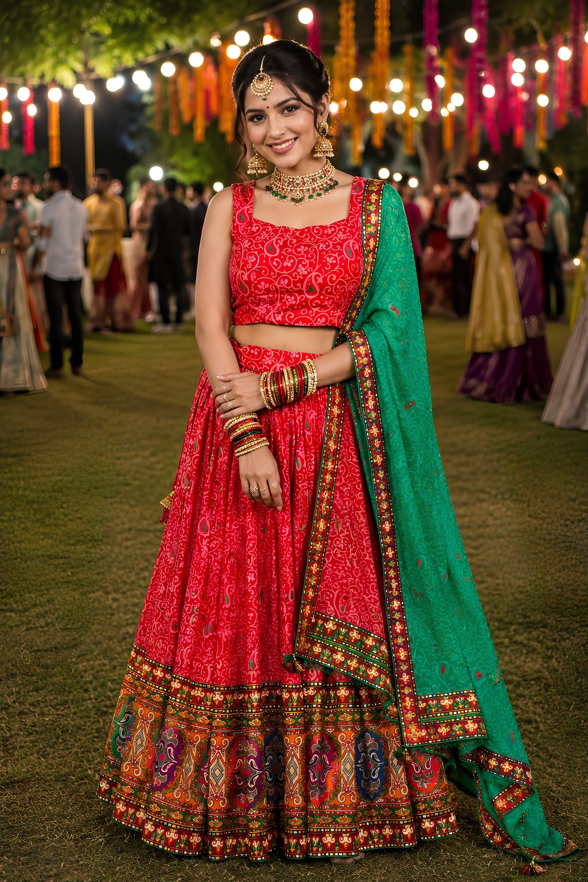 Stunning Red Crepe Satin Printed Designer Lehenga Choli with Contrast Green Dupatta
