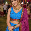 Adorable Blue Crepe Satin Printed Designer Lehenga Choli with Contrast Purple Dupatta