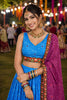 Adorable Blue Crepe Satin Printed Designer Lehenga Choli with Contrast Purple Dupatta