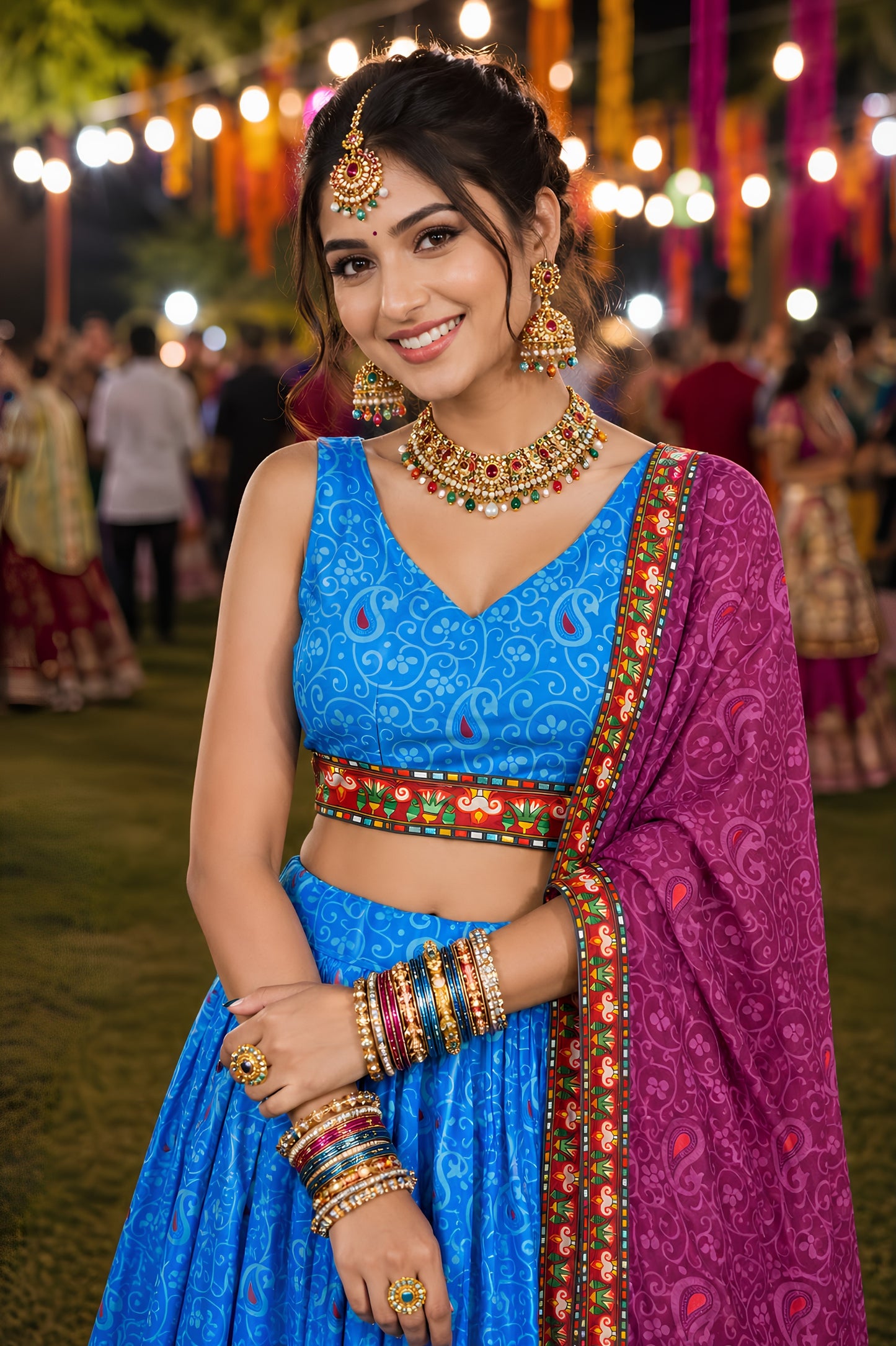 Adorable Blue Crepe Satin Printed Designer Lehenga Choli with Contrast Purple Dupatta
