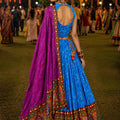 Adorable Blue Crepe Satin Printed Designer Lehenga Choli with Contrast Purple Dupatta