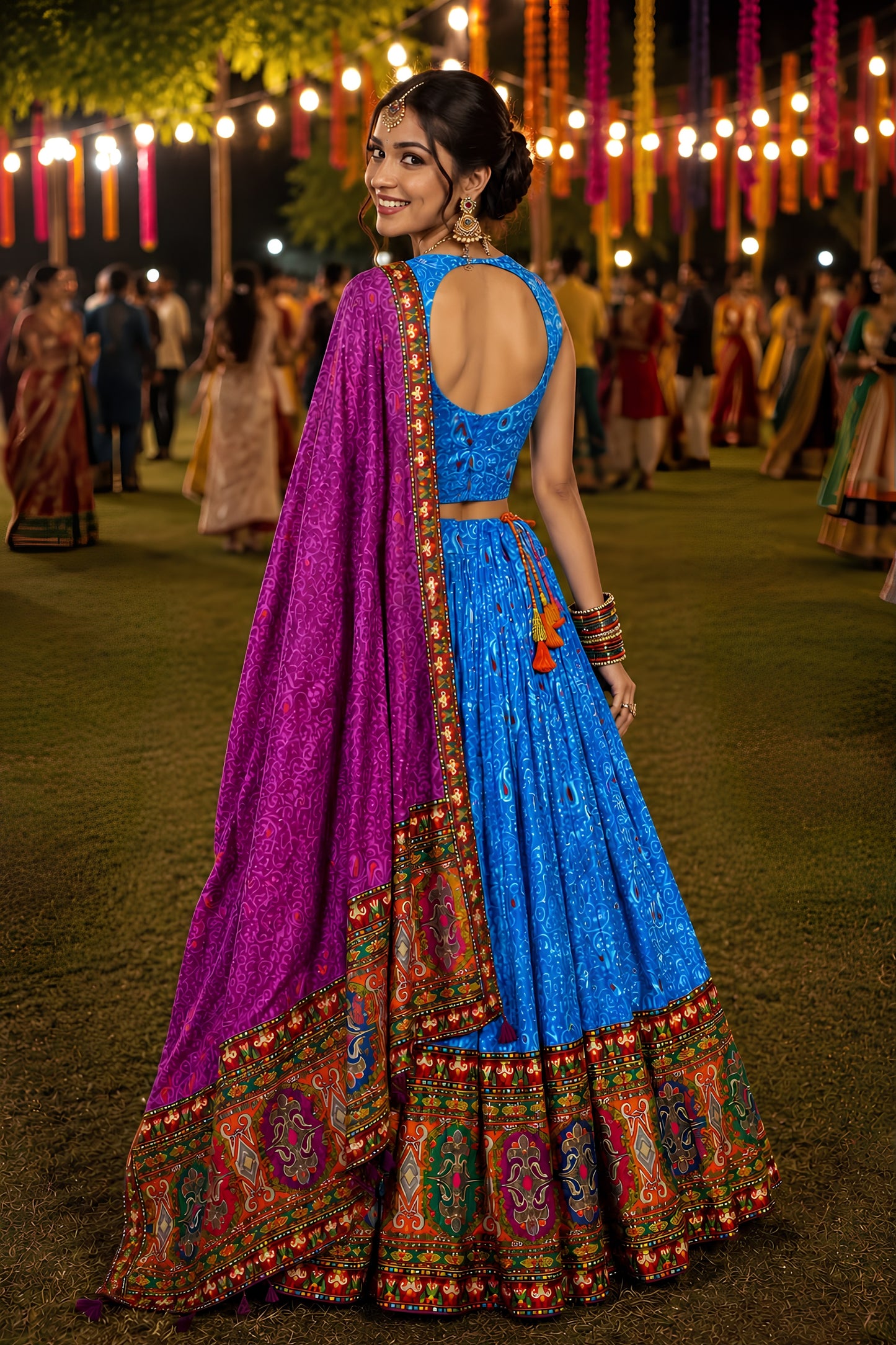 Adorable Blue Crepe Satin Printed Designer Lehenga Choli with Contrast Purple Dupatta