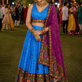 Adorable Blue Crepe Satin Printed Designer Lehenga Choli with Contrast Purple Dupatta