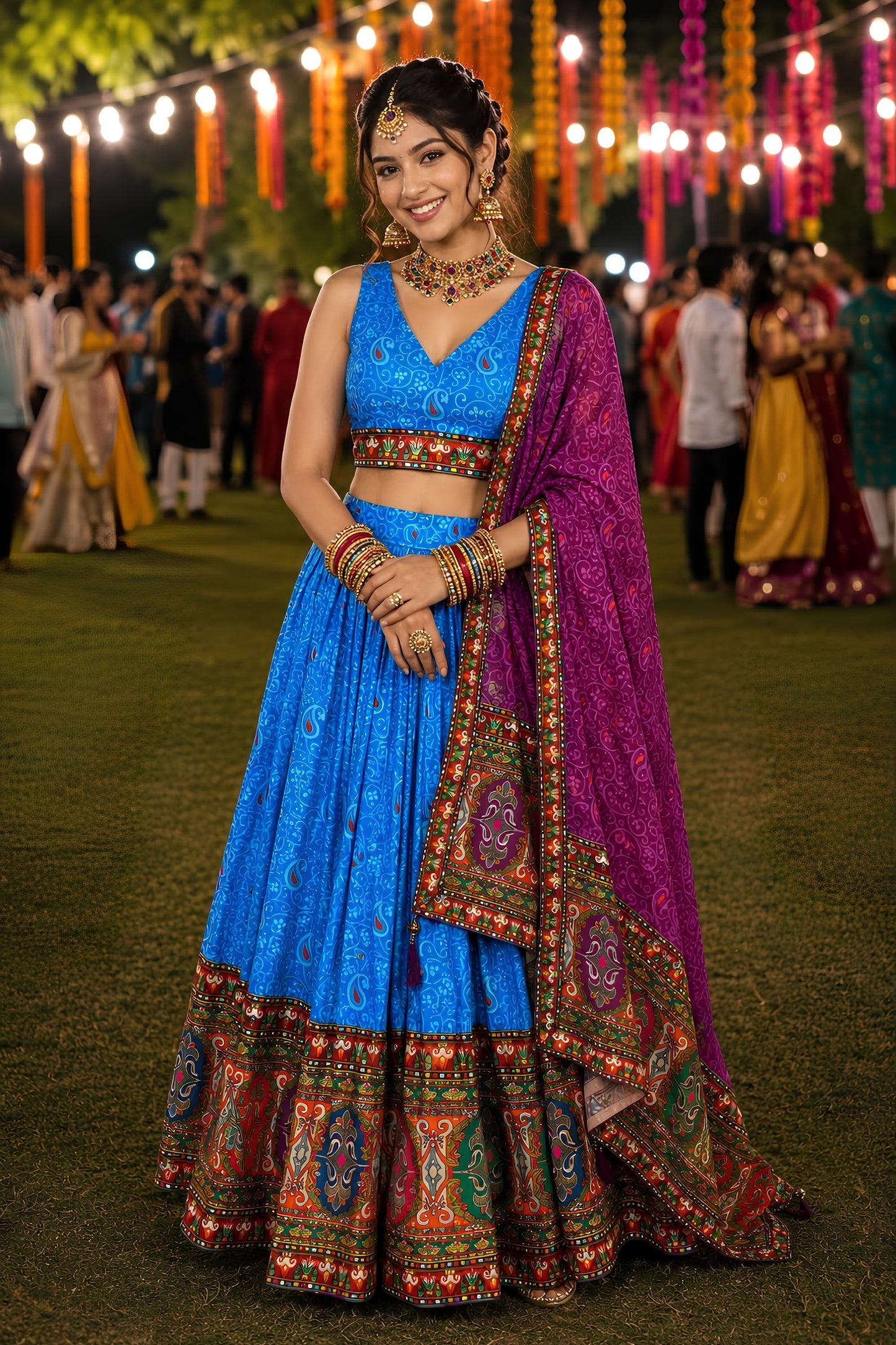 Adorable Blue Crepe Satin Printed Designer Lehenga Choli with Contrast Purple Dupatta