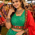 Gorgeous Green Crepe Satin Printed Designer Lehenga Choli with Contrast Red Dupatta