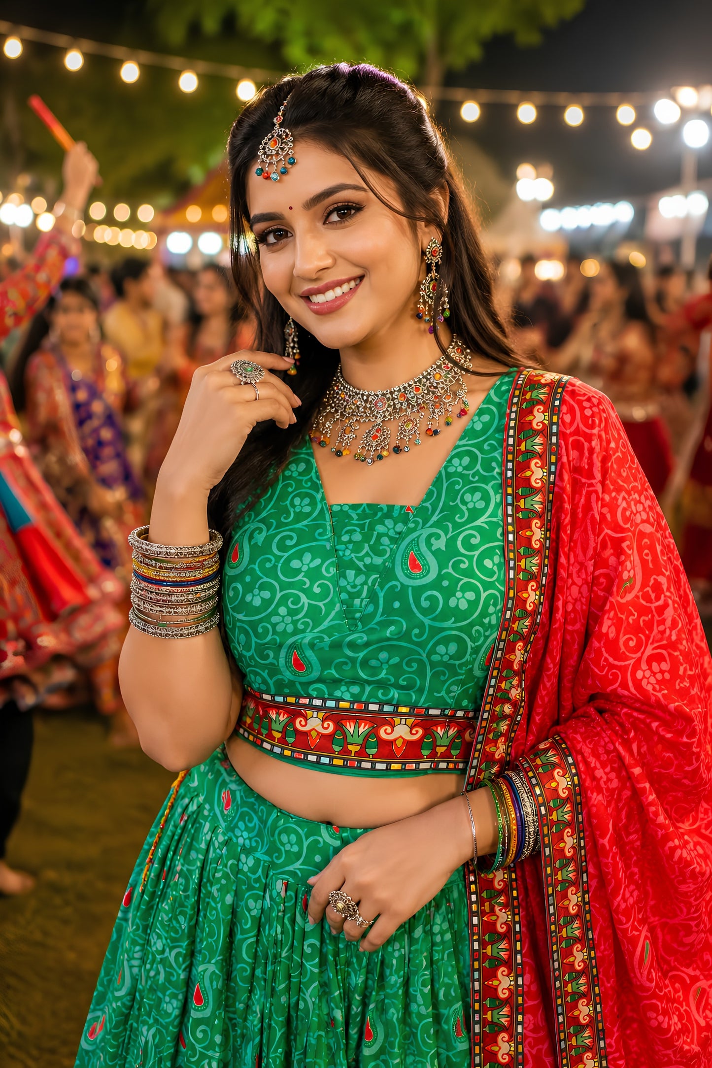 Gorgeous Green Crepe Satin Printed Designer Lehenga Choli with Contrast Red Dupatta