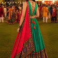 Gorgeous Green Crepe Satin Printed Designer Lehenga Choli with Contrast Red Dupatta