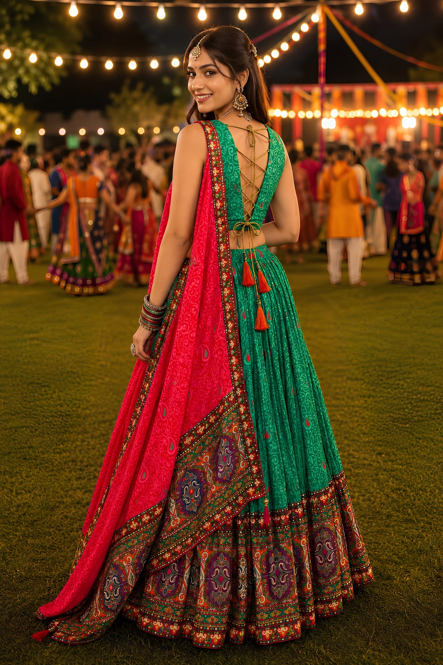Gorgeous Green Crepe Satin Printed Designer Lehenga Choli with Contrast Red Dupatta