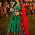 Gorgeous Green Crepe Satin Printed Designer Lehenga Choli with Contrast Red Dupatta