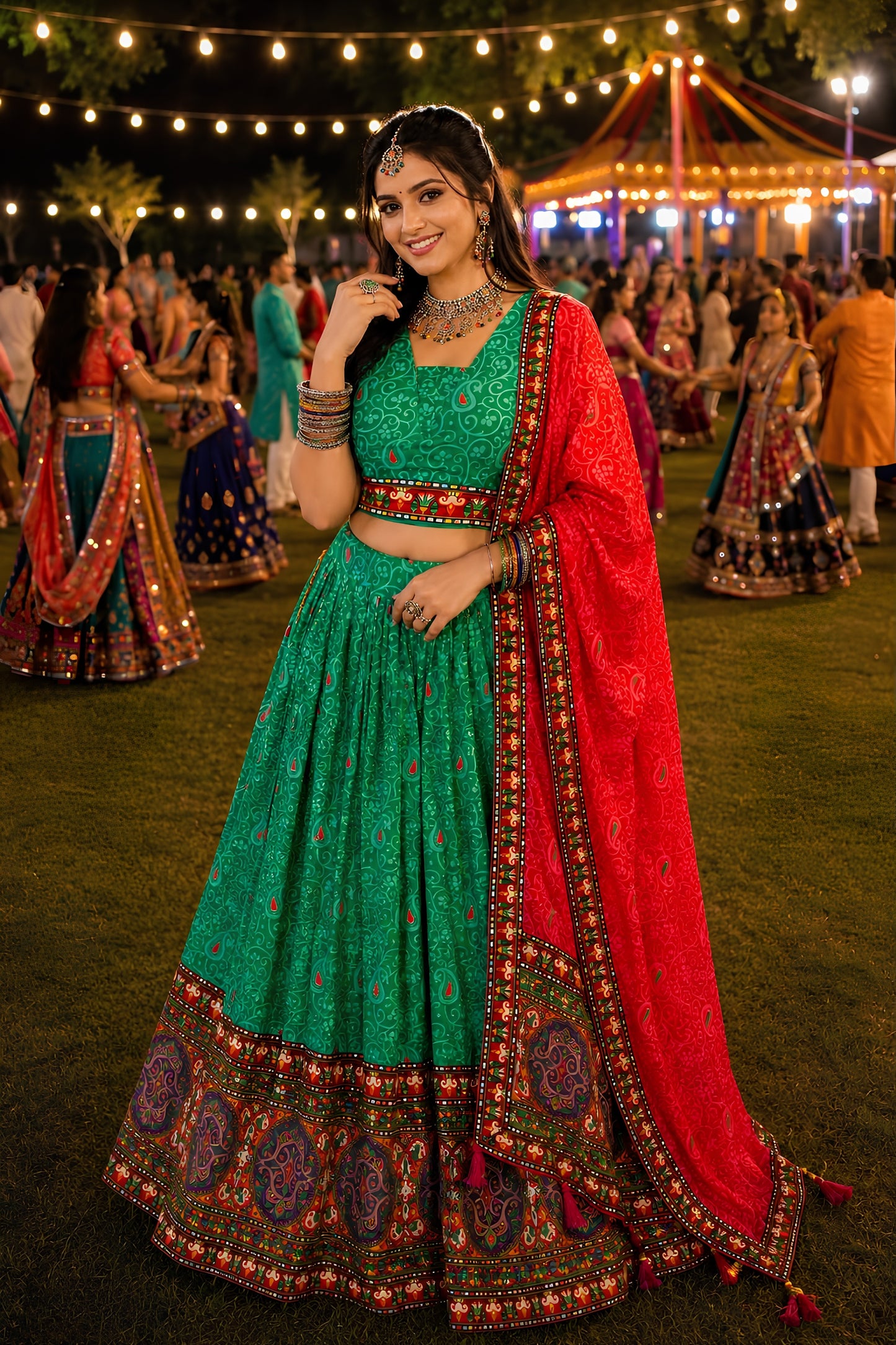 Gorgeous Green Crepe Satin Printed Designer Lehenga Choli with Contrast Red Dupatta