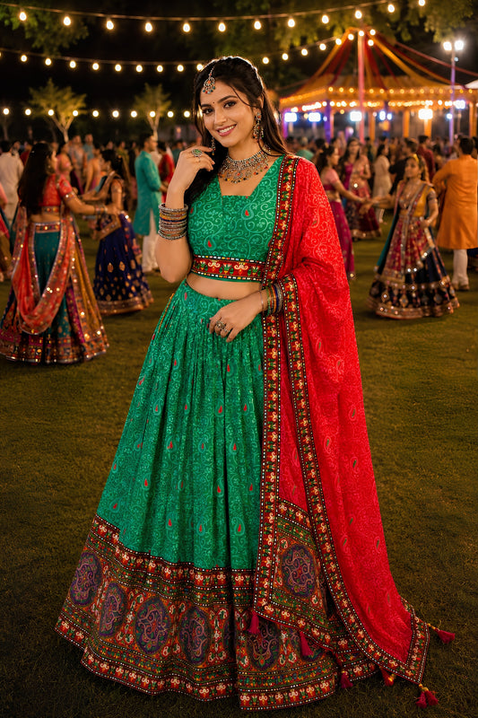 Gorgeous Green Crepe Satin Printed Designer Lehenga Choli with Contrast Red Dupatta