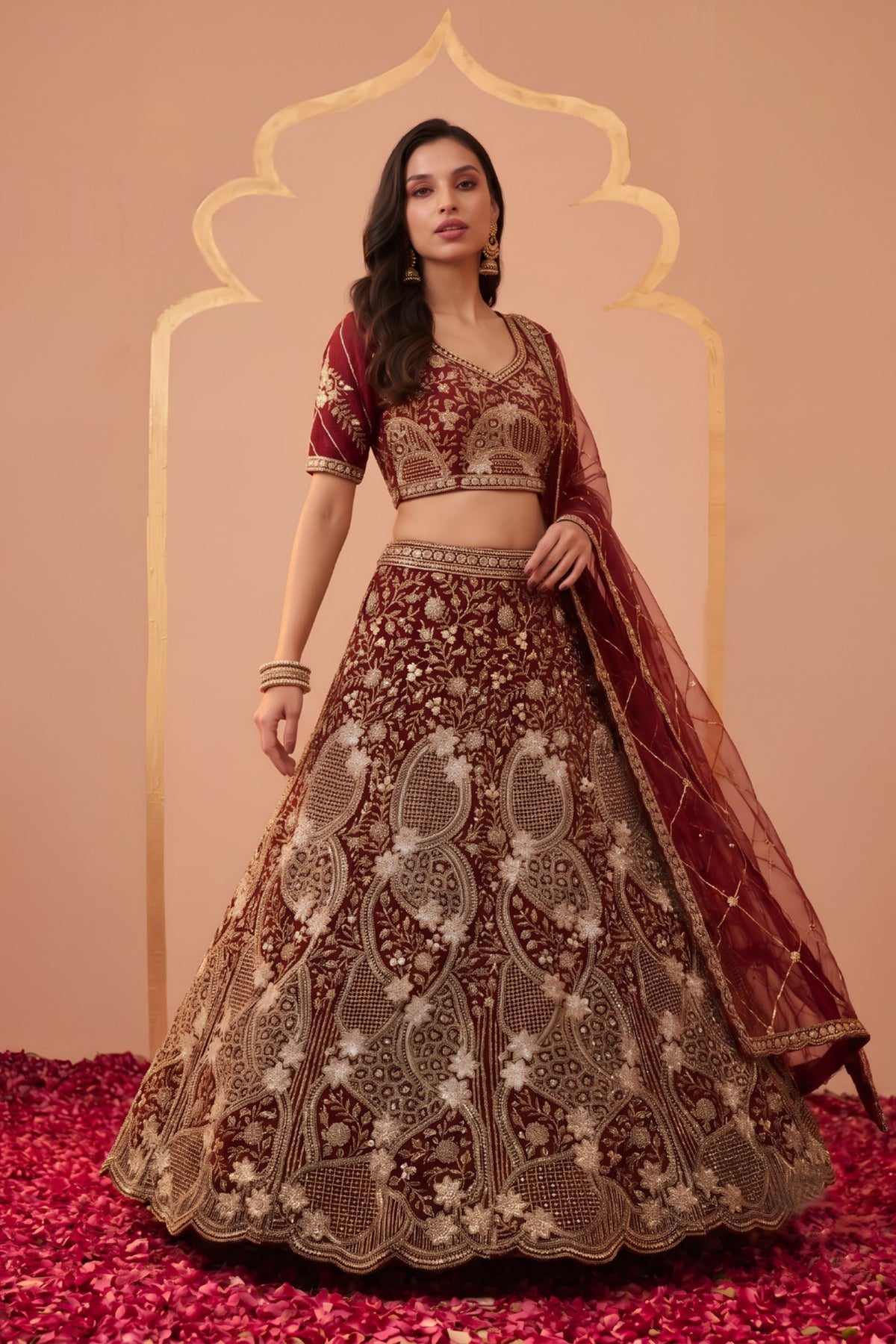 Regal Maroon Net Designer Lehenga Choli with Heavy Beads Work and Dupatta for Women