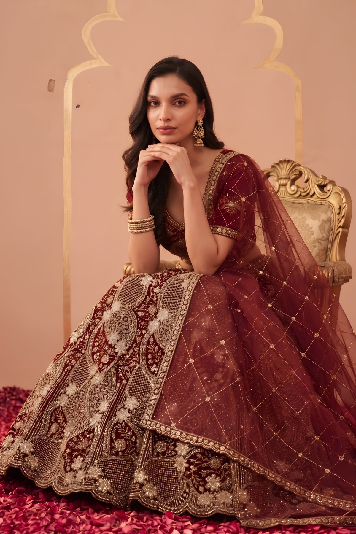 Regal Maroon Net Designer Lehenga Choli with Heavy Beads Work and Dupatta for Women