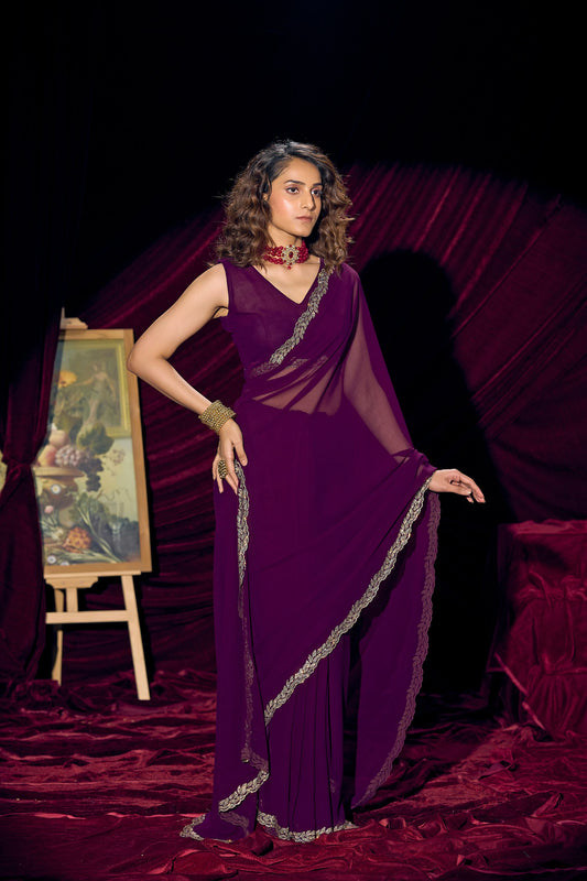 Deep Purple Georgette Saree with Embroidered Border Designer Saree