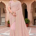 Pink Georgette Saree Heavy Gold Zari Embroidery Designer Blouse