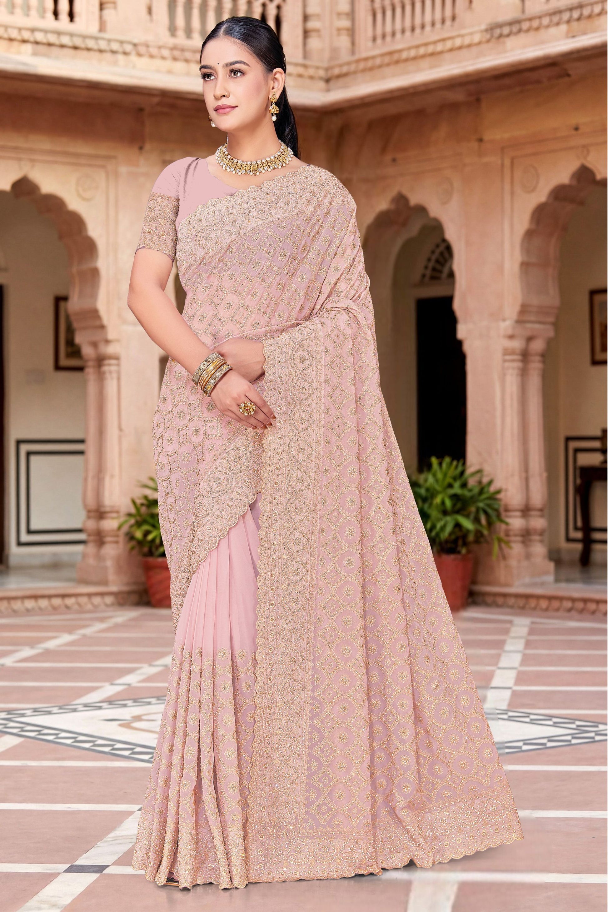 Pink Georgette Saree Heavy Gold Zari Embroidery Designer Blouse