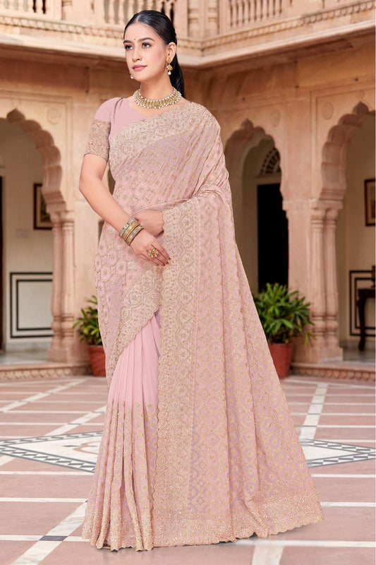 Pink Georgette Saree Heavy Gold Zari Embroidery Designer Blouse