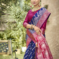Royal Blue Banarasi Silk Saree Red Zari Border Traditional Saree