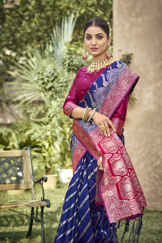 Royal Blue Banarasi Silk Saree Red Zari Border Traditional Saree