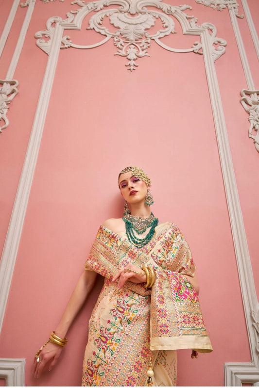 Cream Banarasi Embroidery Silk Saree Matching Blouse Festive Wear