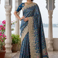 Navy Blue Banarasi Silk Saree Heavy Zari Embroidery Rich Designer Border