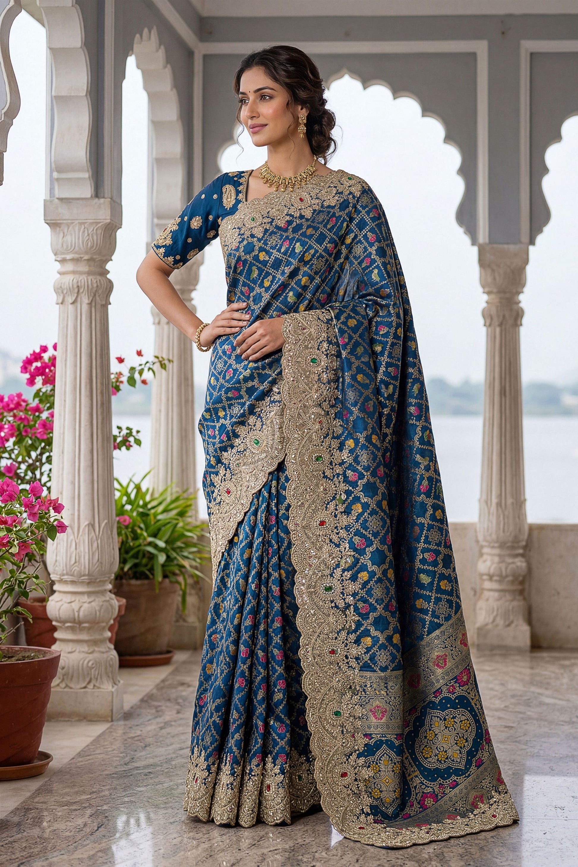 Navy Blue Banarasi Silk Saree Heavy Zari Embroidery Rich Designer Border