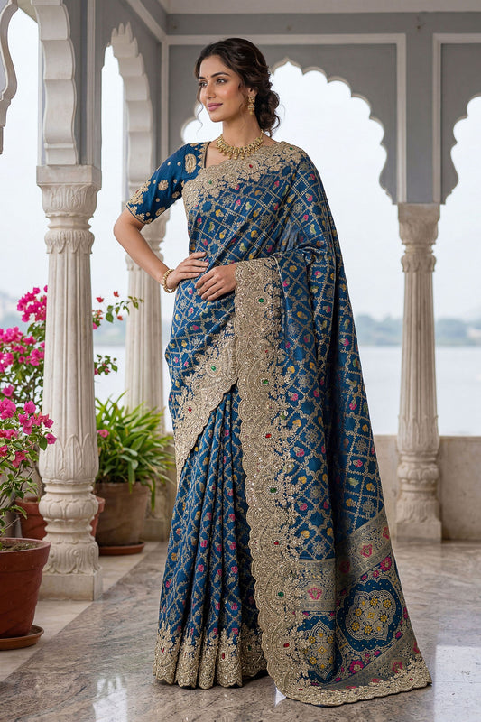 Navy Blue Banarasi Silk Saree Heavy Zari Embroidery Rich Designer Border