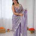 Lavender Organza Saree with Floral Work Party Wear Saree 