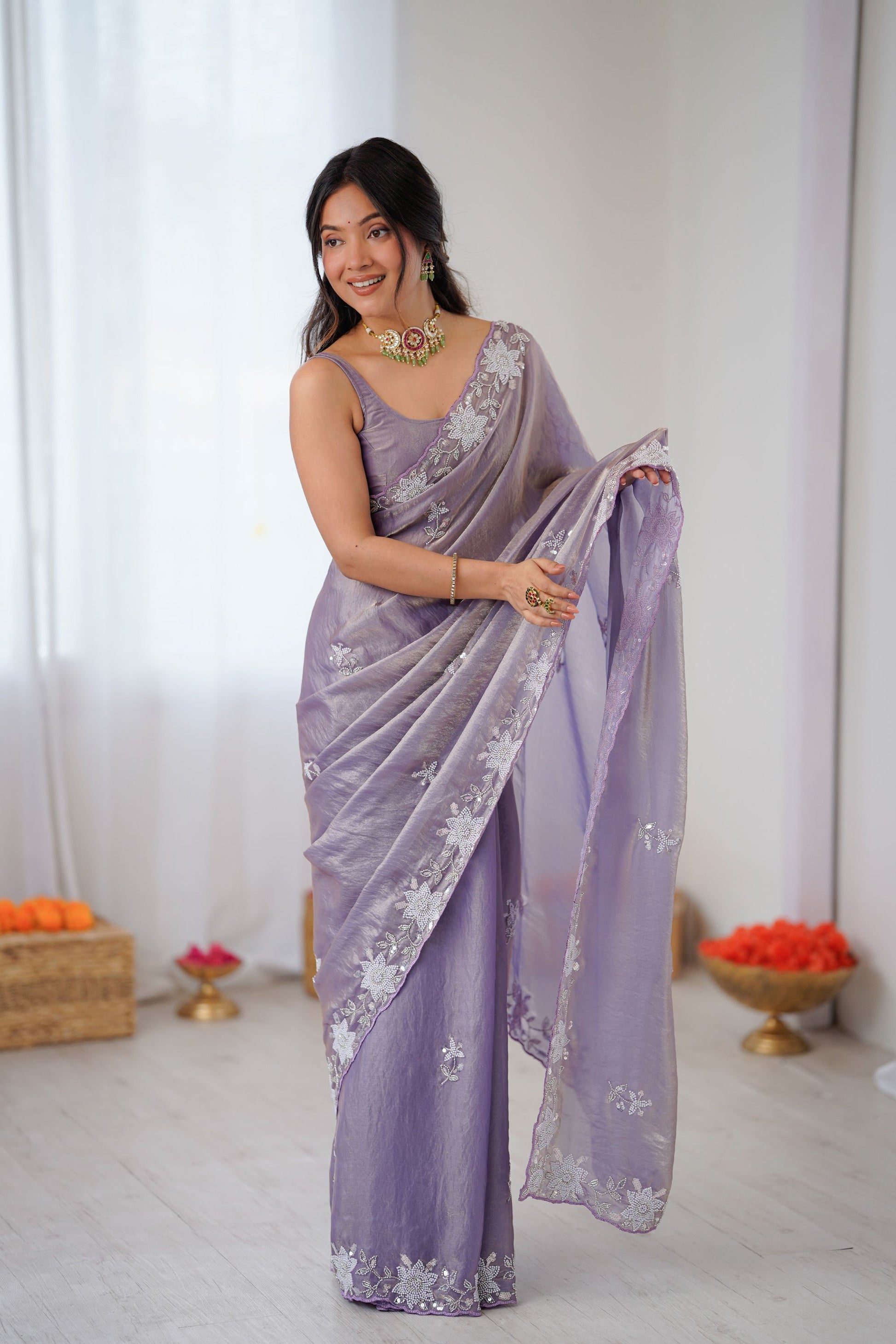 Lavender Organza Saree with Floral Work Party Wear Saree 