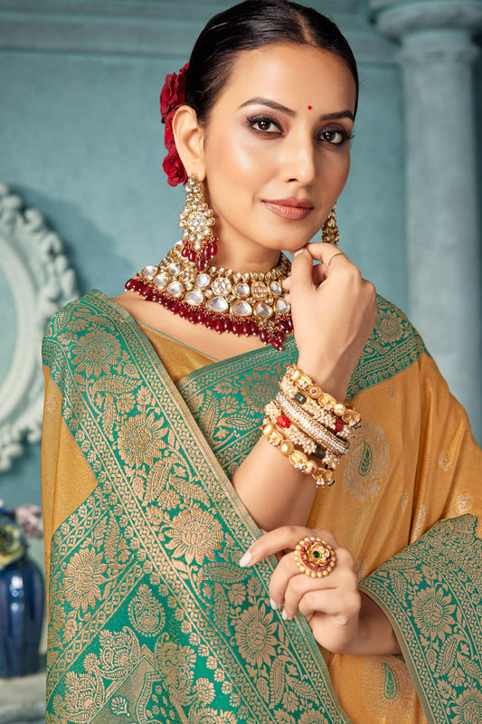 Mustard Banarasi Silk Saree with Green Zari Designer Contrast Border