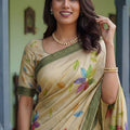 Cream Printed Linen Silk Saree with Multicolor Floral Leaf Design