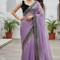 Lavender Organza Saree Designer Embroidered Border Sleeveless Blouse