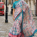  Multicolor Geometric Printed Cotton Saree Blue Border Designer Blouse 