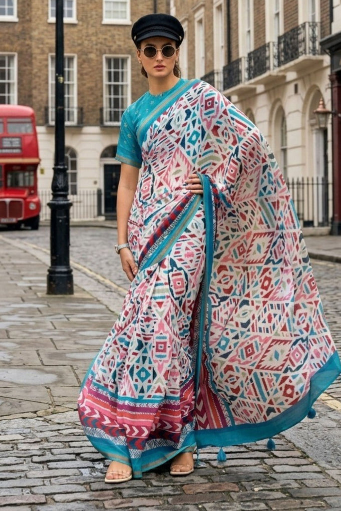  Multicolor Geometric Printed Cotton Saree Blue Border Designer Blouse 