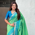 Sea Green Saree Blue Contrast Border Traditional Printed Design