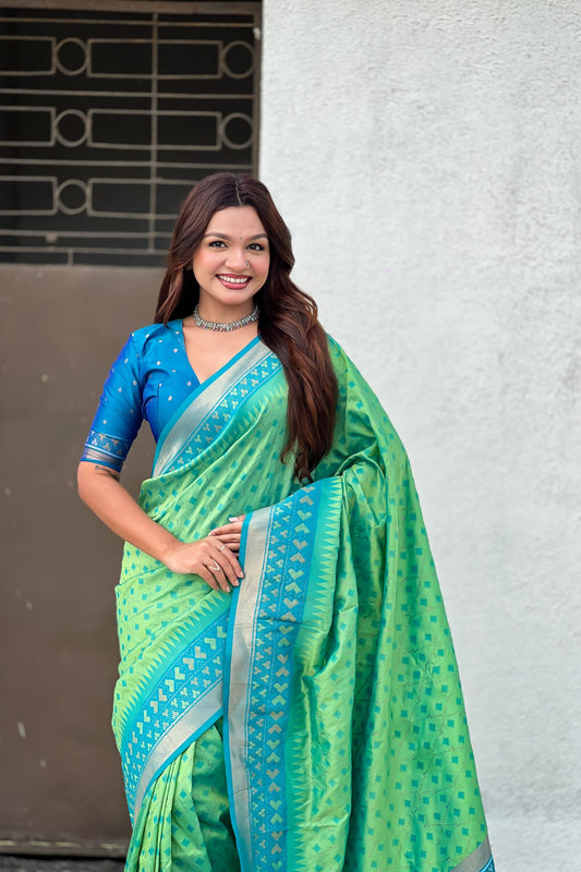 Sea Green Saree Blue Contrast Border Traditional Printed Design