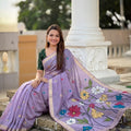 Lavender Linen Silk Saree with Multicolor Floral Print Woven Border