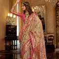Beige Gold Banarasi Silk Saree Pink Border Floral Zari Work