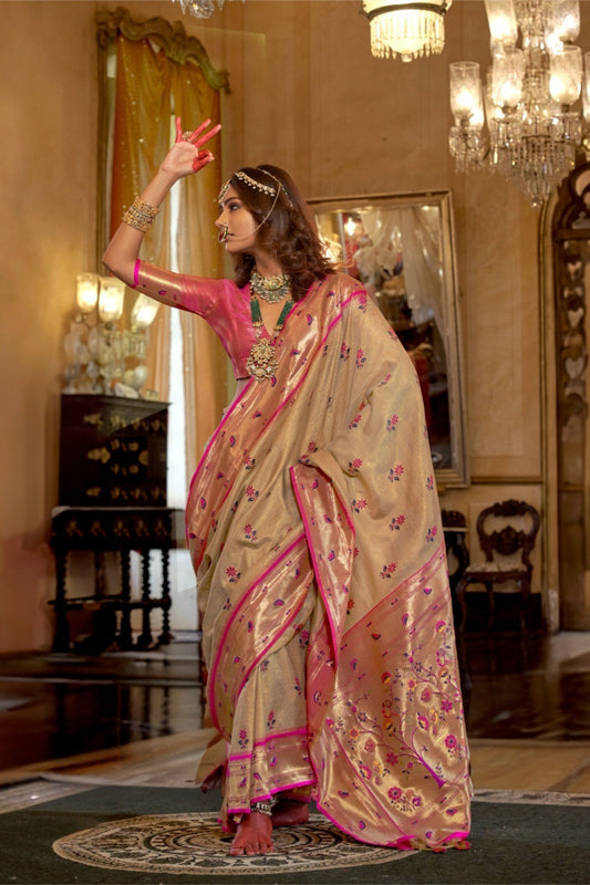 Beige Gold Banarasi Silk Saree Pink Border Floral Zari Work