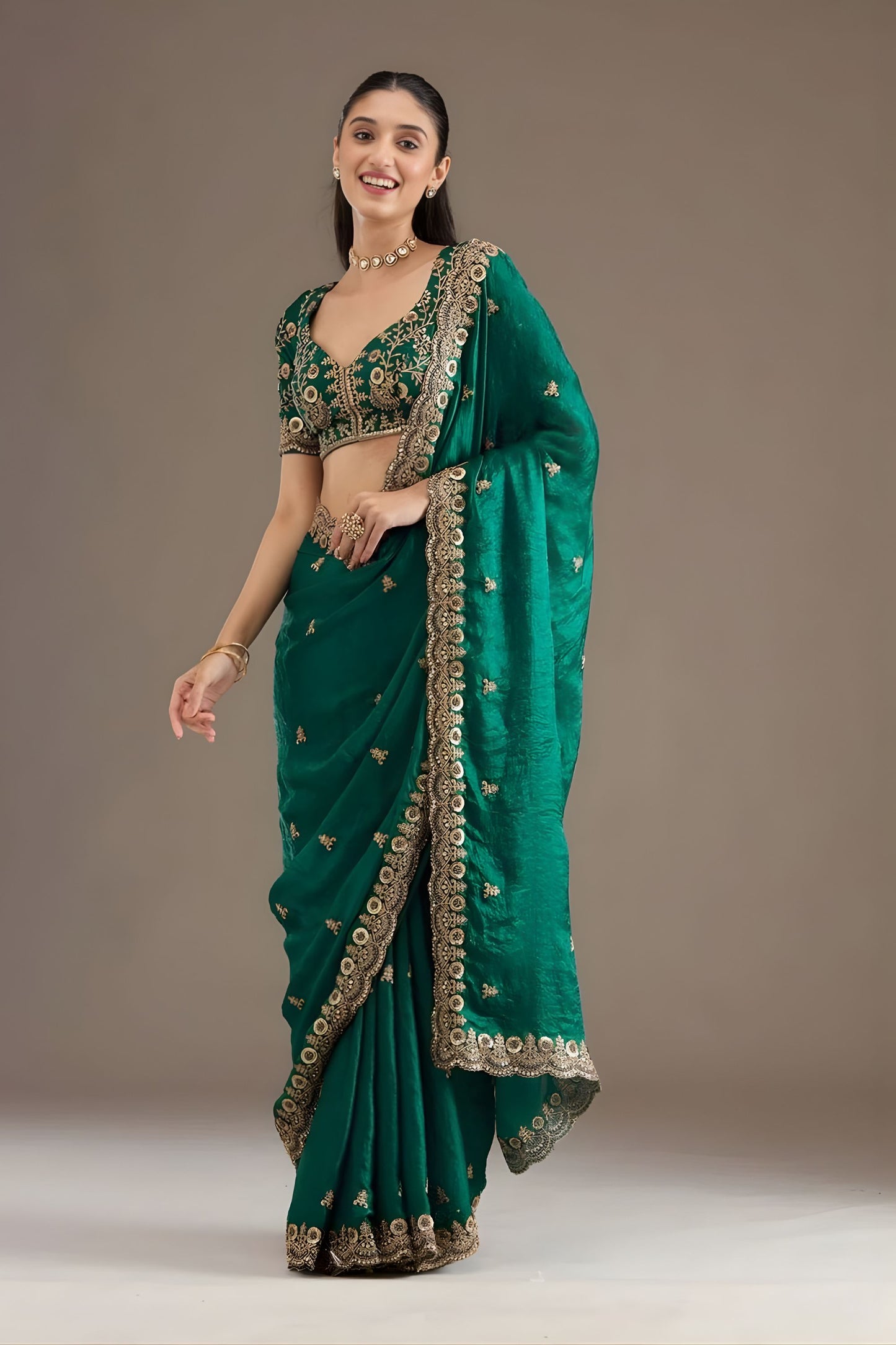 Green Silk Saree Heavy Zari Embroidered Border Designer Blouse