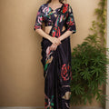Black Satin Floral Printed Saree with Matching Blouse Party Wear