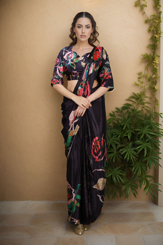Black Satin Floral Printed Saree with Matching Blouse Party Wear