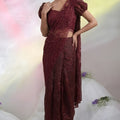 Wine Sequins Embroidered Ready to Wear Designer Saree