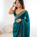 Teal Green Designer Georgette Saree with Heavy Golden Embroidered Border