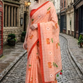 Peach Printed Saree Red Border Floral Motifs Casual Wear Saree