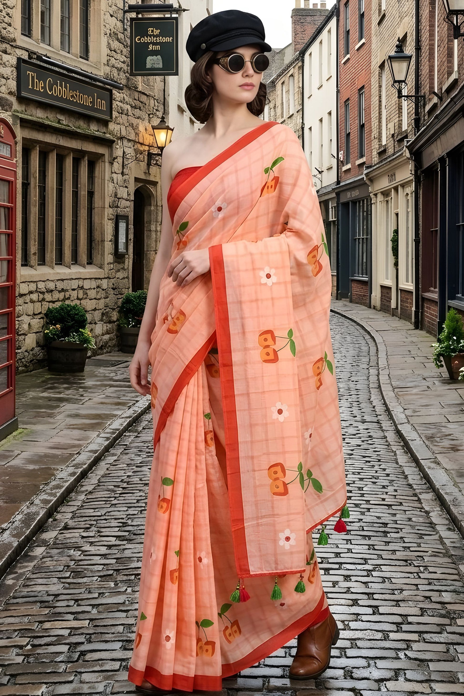 Peach Printed Saree Red Border Floral Motifs Casual Wear Saree