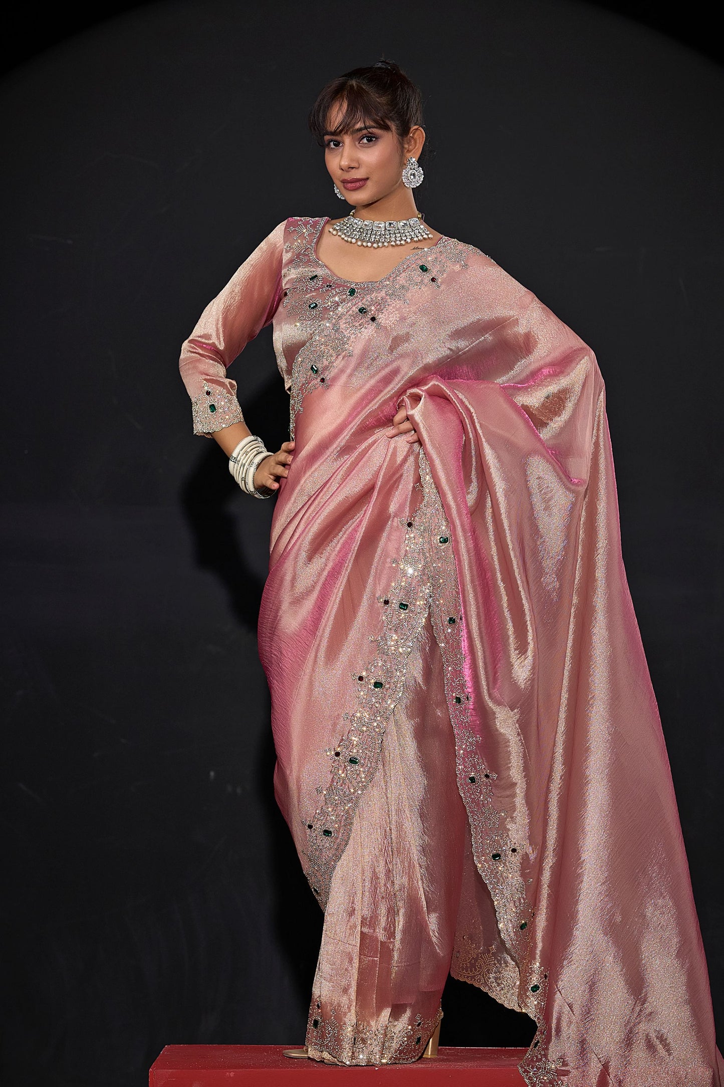 Dusty Pink Shimmer Silk Saree with Heavy Stone Zari Embroidered Border