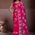  Rani Pink Embroidered Net Saree White Floral Sleeveless Designer Blouse 