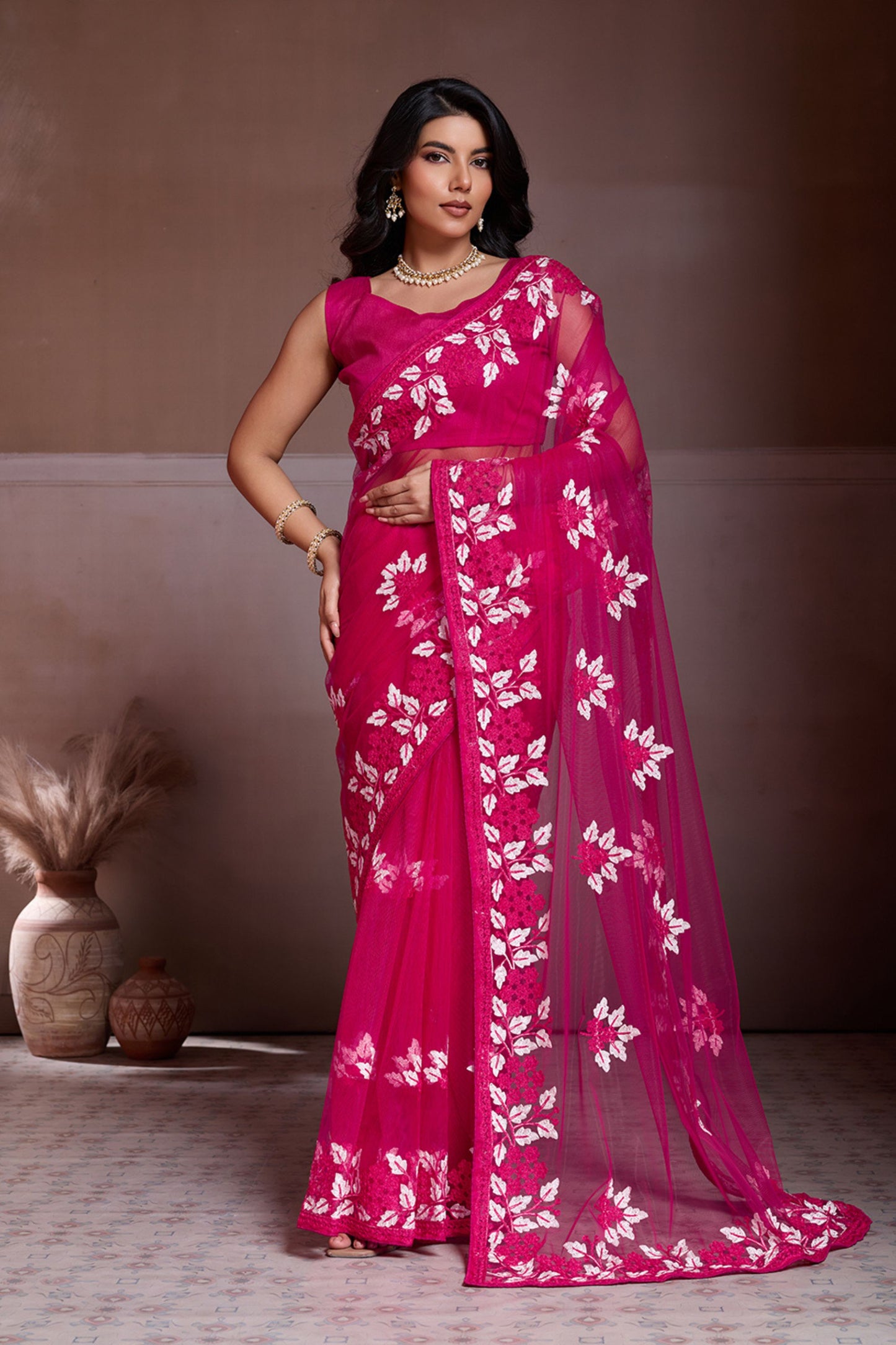  Rani Pink Embroidered Net Saree White Floral Sleeveless Designer Blouse 